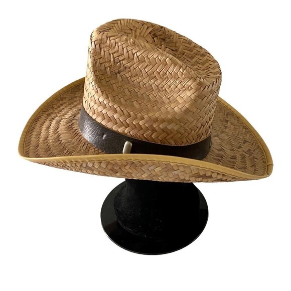 Straw Hat with Brown Band One Size - Picture 2 of 7